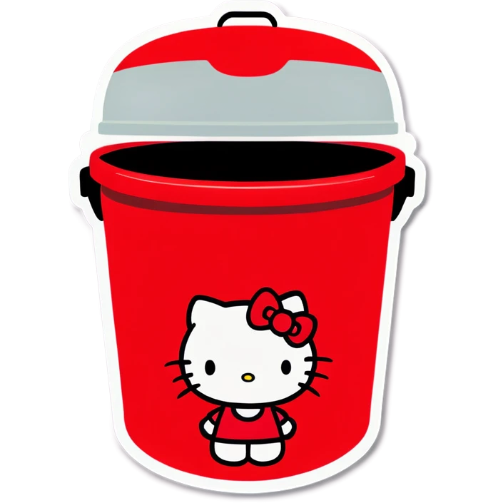 A trash bin that says GOODBYEEEE with hello Kitty in it emoji