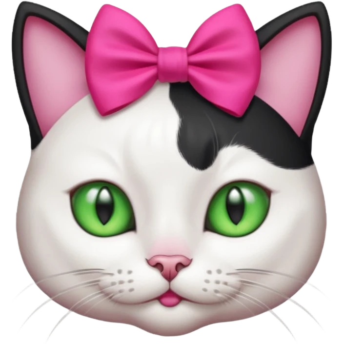 A black and white cat head with green eyes she has a hot pink bow on her head  emoji