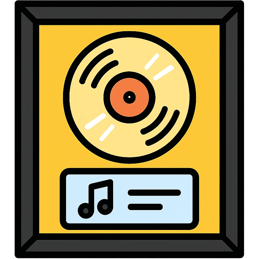 platinum record award in a black frame, shiny disc, music plaque, color icon emoji