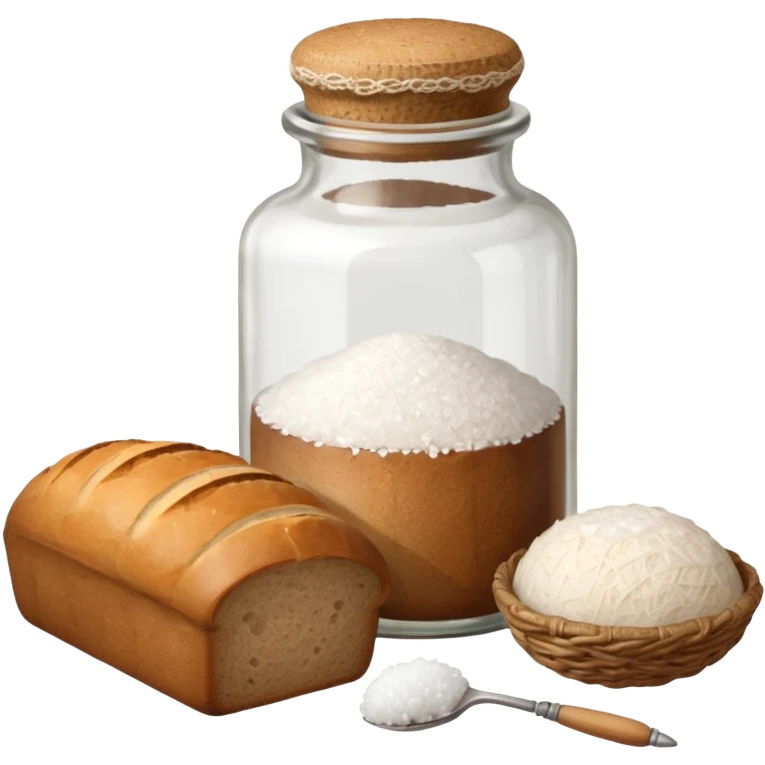 a one victorian bottle of salt and a loaf of bread - crochet needles and a ball of wool emoji