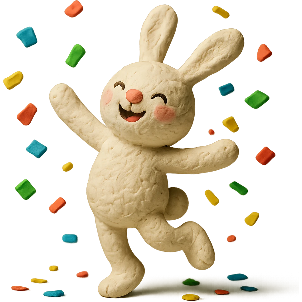 cotton bunny throwing confetti and spinning in claymation style emoji