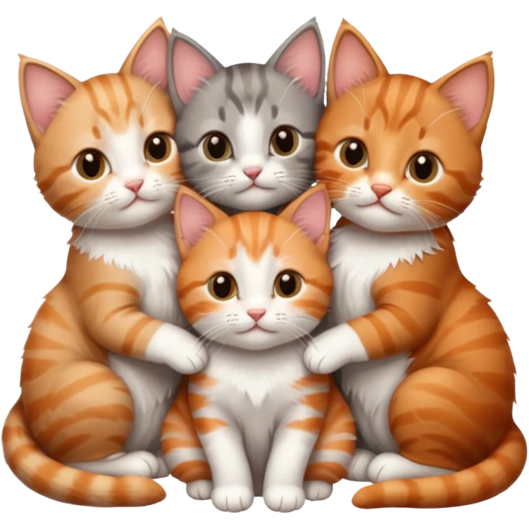 3 kittens cuddling together all different colours, the first one is grey and white, the second is ginger and white and the third is brown tabby and white emoji