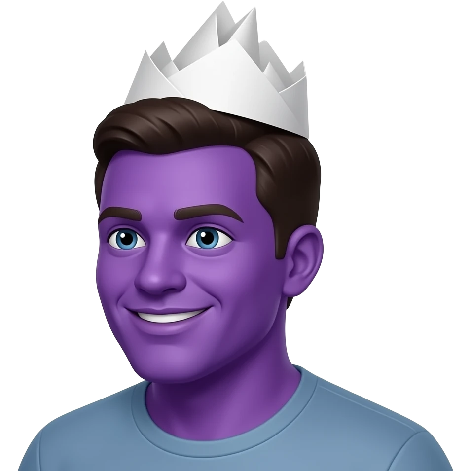 Purple guy with a smile and a white paper hat emoji