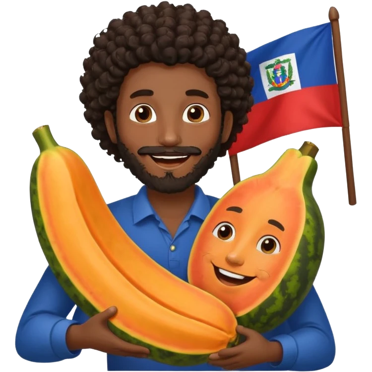 A very happy papaya hugging a medium dark skinned man with dark curly hair with a beard and Dominican flag behind them emoji