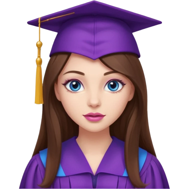 girl with beautiful extremely long brown hair, blue eyes, long lashes makeup, sexy pink lips, wearing a purple graduation cap and gown emoji