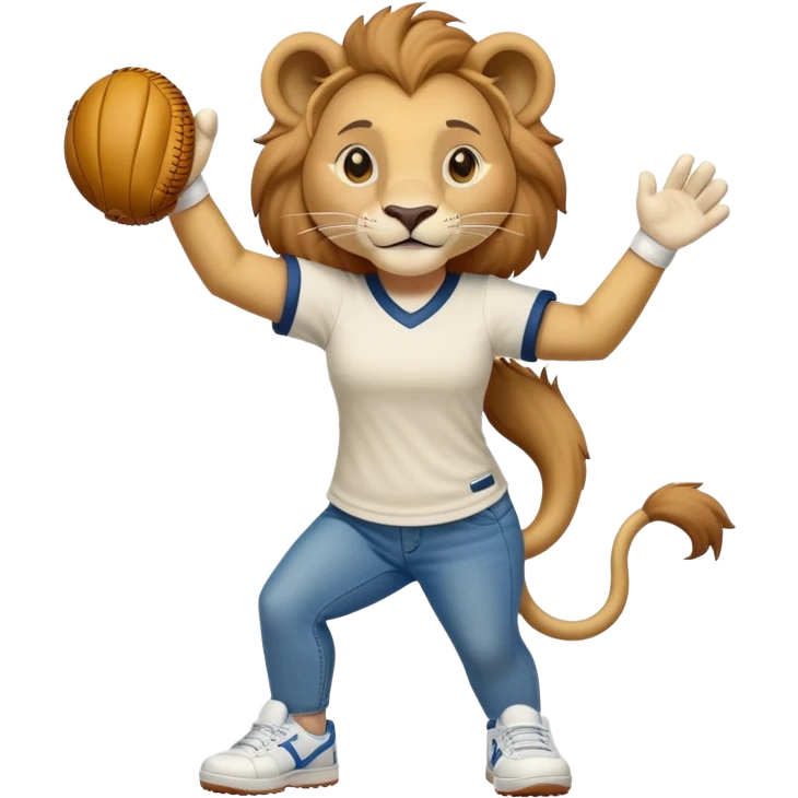 friendly anthropomorphised female lion wearing a baseball shirt, jeans, and trainers, lifting something up emoji