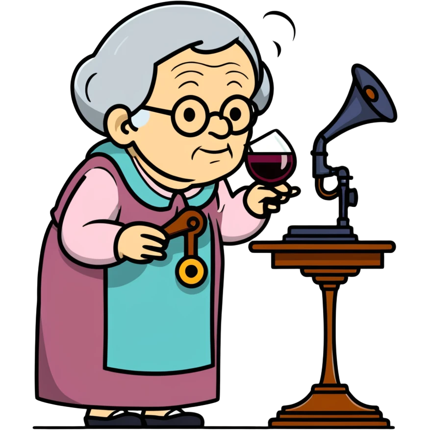 old lady with wineglass listening to gramophone emoji