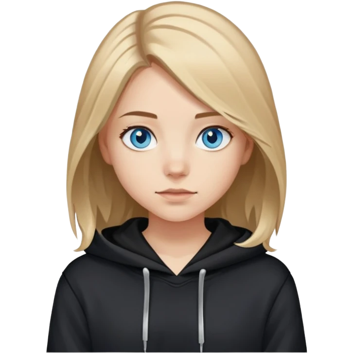 girl with blue eyes, shoulder-length brown hair with light blonde streaks, wearing a black hoodie emoji