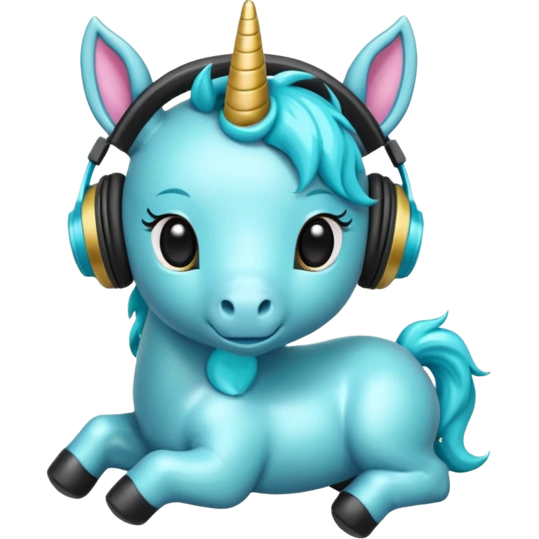 Unicornio bebé cyan sentado escuchando música con auriculares negros emoji