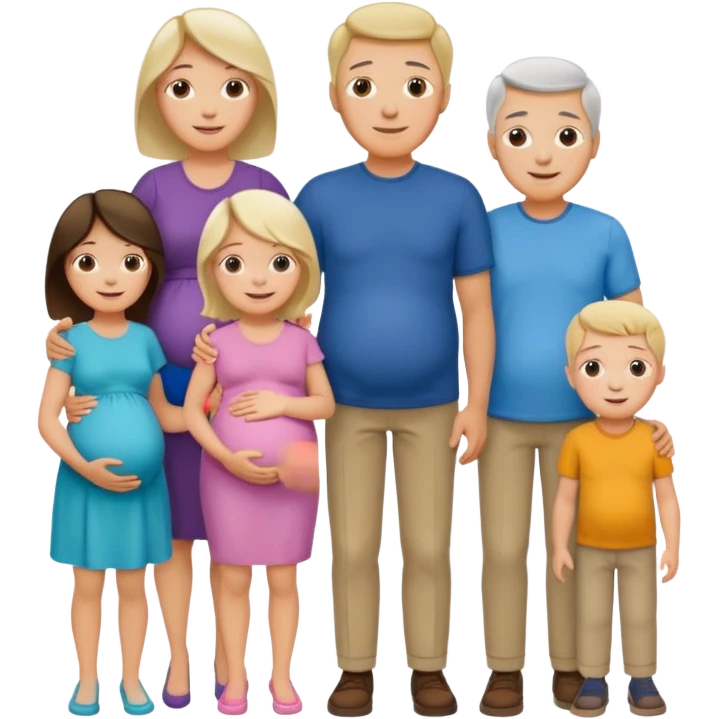 I want a couple with a wife that’s pregnant and then on the male side standing next to him is his family mom is sick the dad is fine  and his siblings and grandparents are okay smiling. emoji
