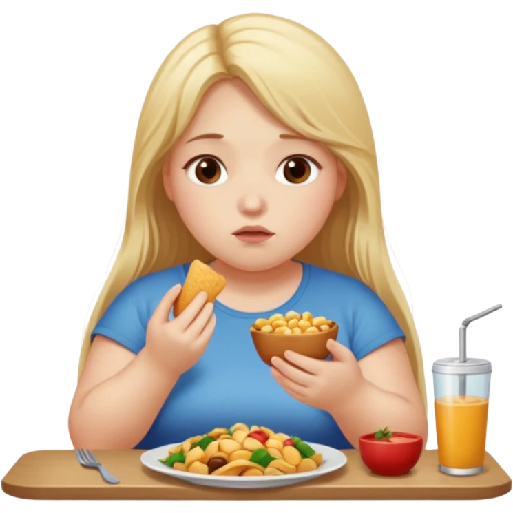 Девушка со светлыми длинными волосами толстая сидит грустная за столом и ест много еды emoji