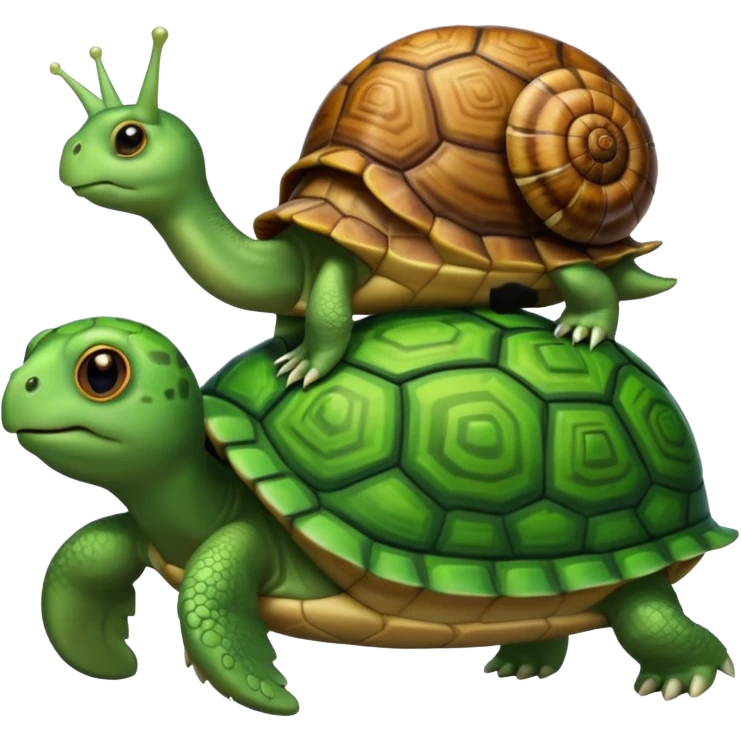 A snail is perched on the back of a turtle. emoji