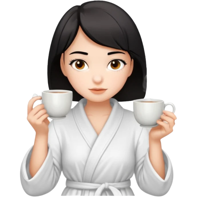 White girl with brown eyes and short black hair drinking a cup of tea in a bathrobe emoji