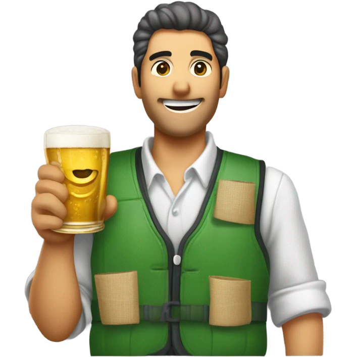 un vendedor con un palo de ciego, un chaleco verde, y tiras de cupones en el chaleco, bebiendose una cerveza emoji