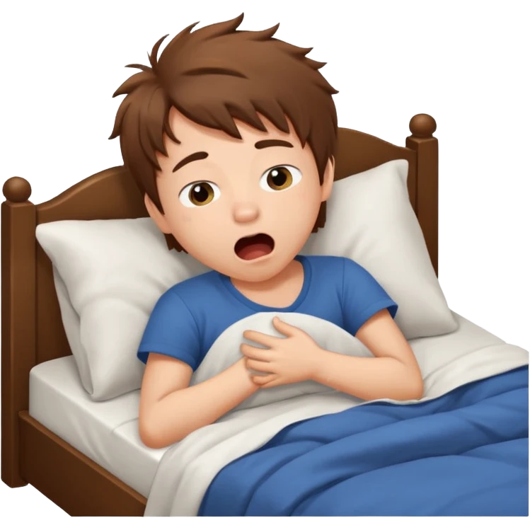 emoji- of a cute boy waking up in bed. He is yawning or rubbing his eyes.  emoji