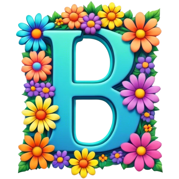 3D, gothic style psychedelic colored Letter W with hippie style flower border emoji