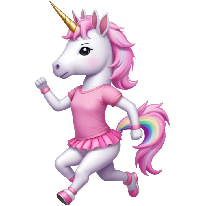 anthropomorphised female unicorn in tutu and pink t-shirt jogging upright standard pose emoji