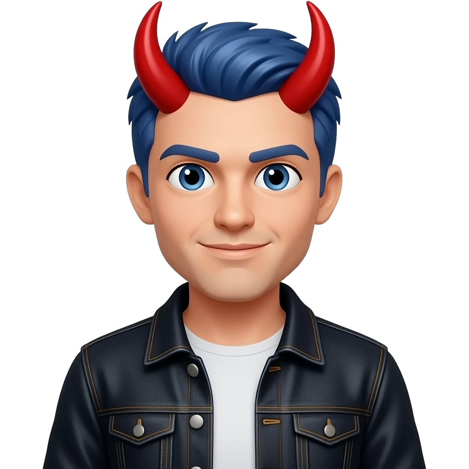 a devil face man with red horns and wear a black jeans jacket and blue hairs emoji