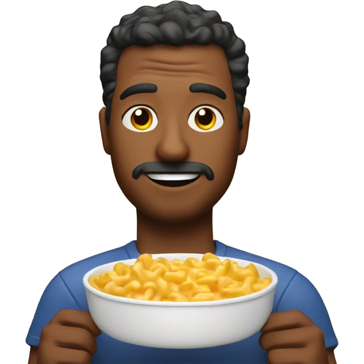 A nauseous man with a bowl of mac n cheese with ketchup  emoji