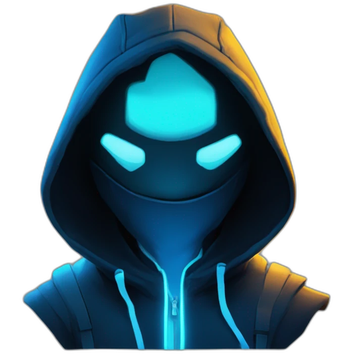 developer behind his laptop with this style : Riot Games Valorant neon glowing bright blue character blue black hooded hacker themed character emoji