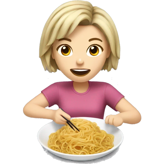 Caucasian girl with short, dark spiky hair eating noodles emoji