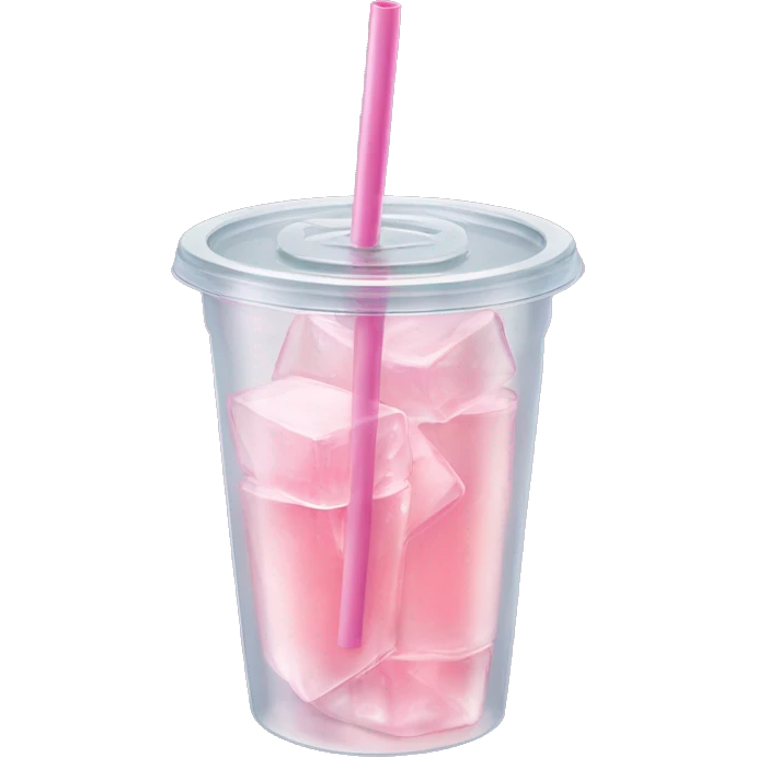 Realistic plastic cup and lid with Transluscent light pink soda and large ice cubes inside and one straw through the top of the lid. emoji