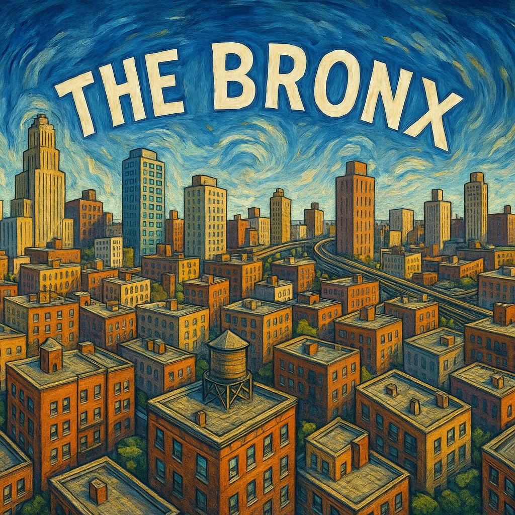 360-degree panoramic illustration of the Bronx skyline, with a mix of residential and commercial buildings, stylized artistic style emoji