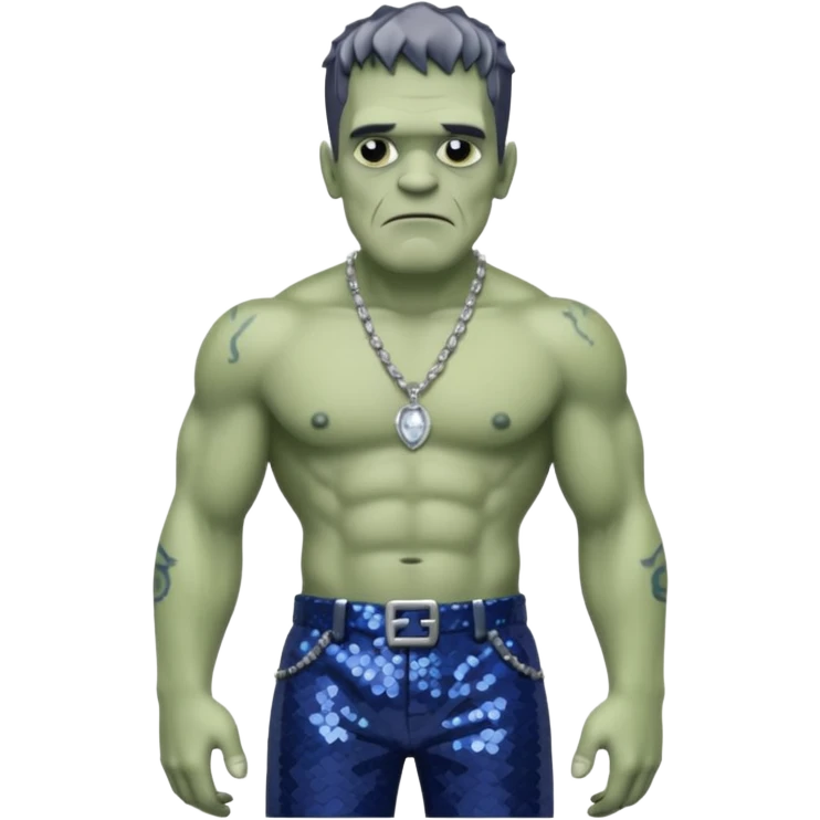 Frankenstein with grey skin, indigo sequin baggy pants, shirtless with necklace emoji