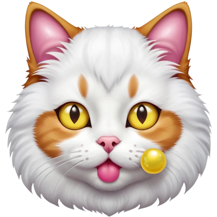 Cat with white center of his face and kinda ginger kinda brown and black strikes yellow eyes pink nose blowing a bubble gum emoji