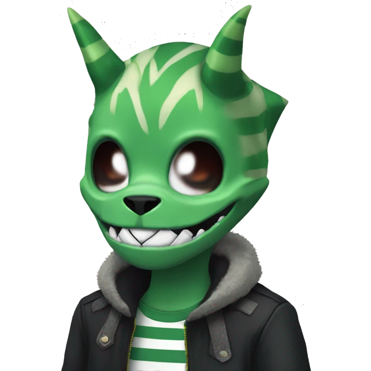Digimon, horns, black body, green hair, anthro, furry, shark, skull face, skull mask, green stripes, tufted tail,  emoji