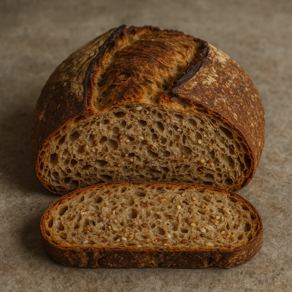 realistic whole wheat bread with quinoa and rice, rustic crust, interior rich with seeds, Italian artisanal bakery style emoji