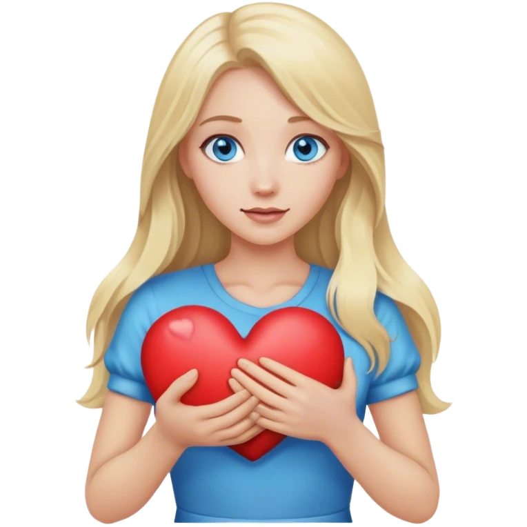A realistic blonde with long hair and blue eyes holds a heart in her hands emoji