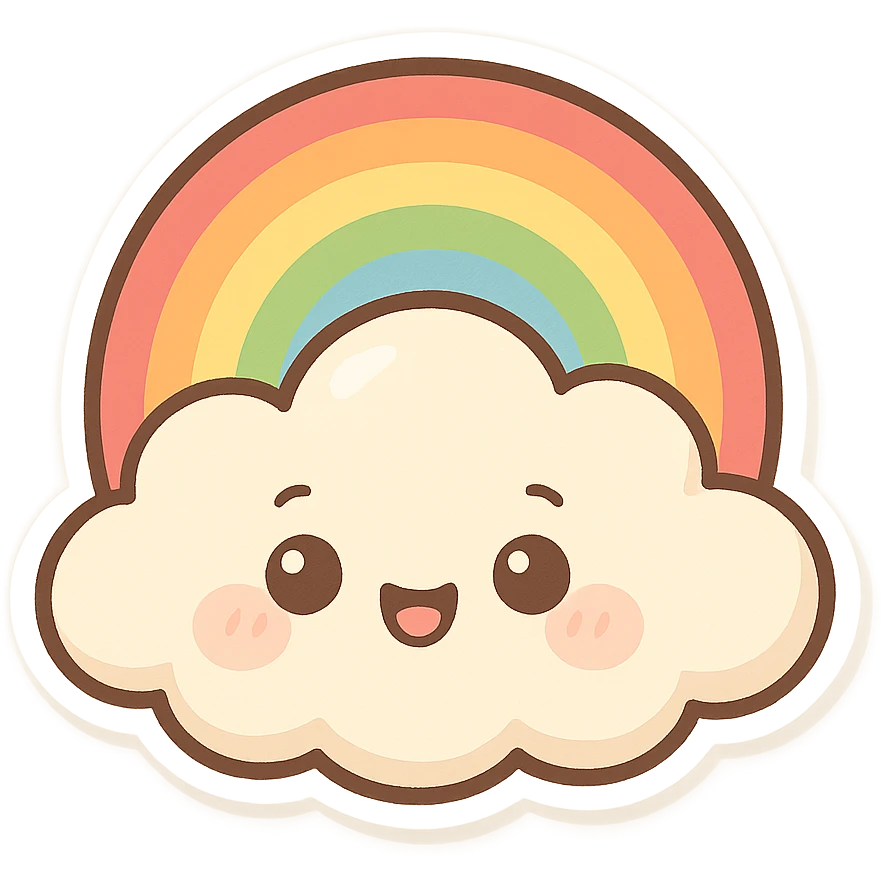 chibi sticker-style cloud with a rainbow, cute and exaggerated emoji