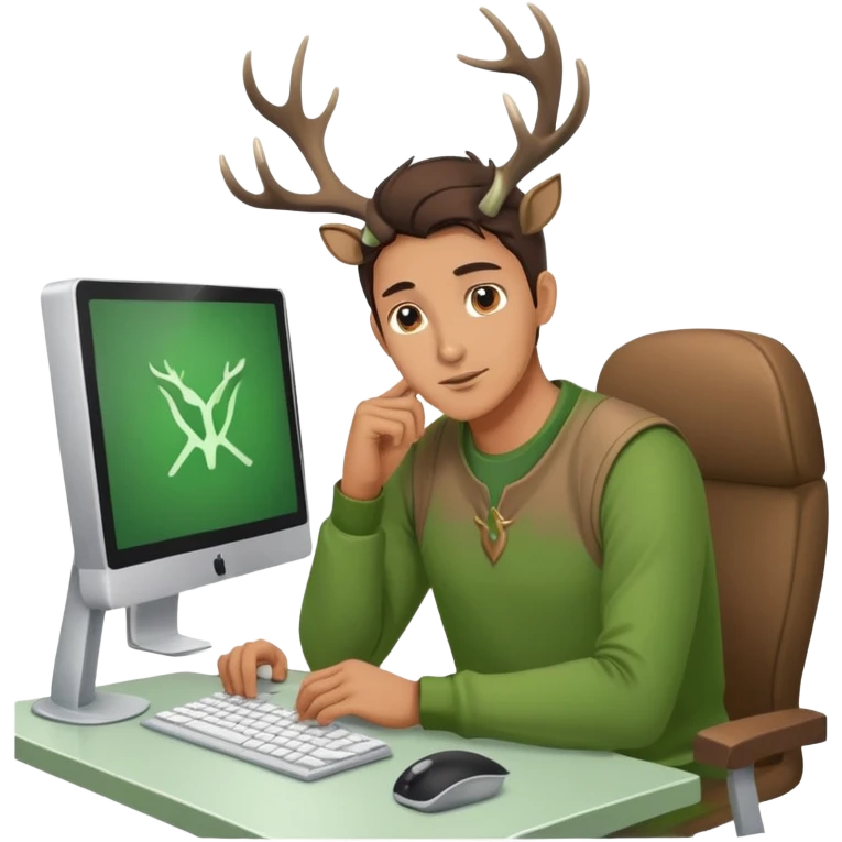 Guy works at computer with deers antlers, green clothes, brown eyes  emoji