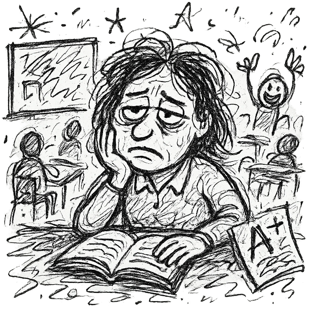 exhausted teacher in a bustling classroom emoji