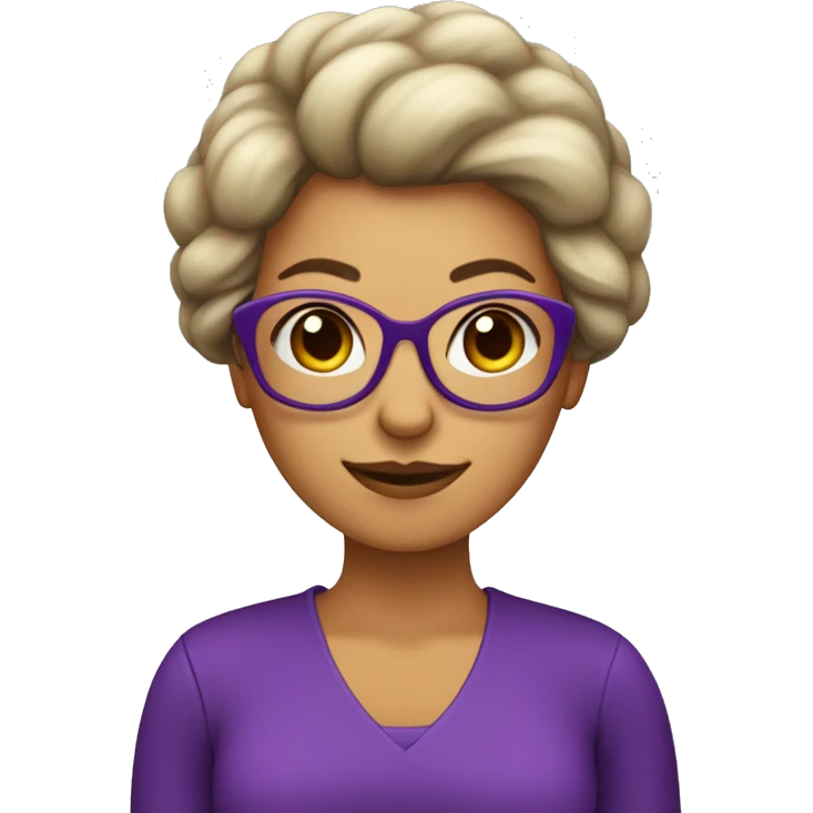 mujer de pelo morado con un moño en el peo y gafas redondas emoji