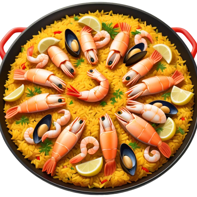 Cinematic Realistic Paella Dish Emoji, depicted as a vibrant, aromatic rice dish loaded with seafood, chicken, and saffron rendered with rich textures and dynamic, warm lighting. emoji