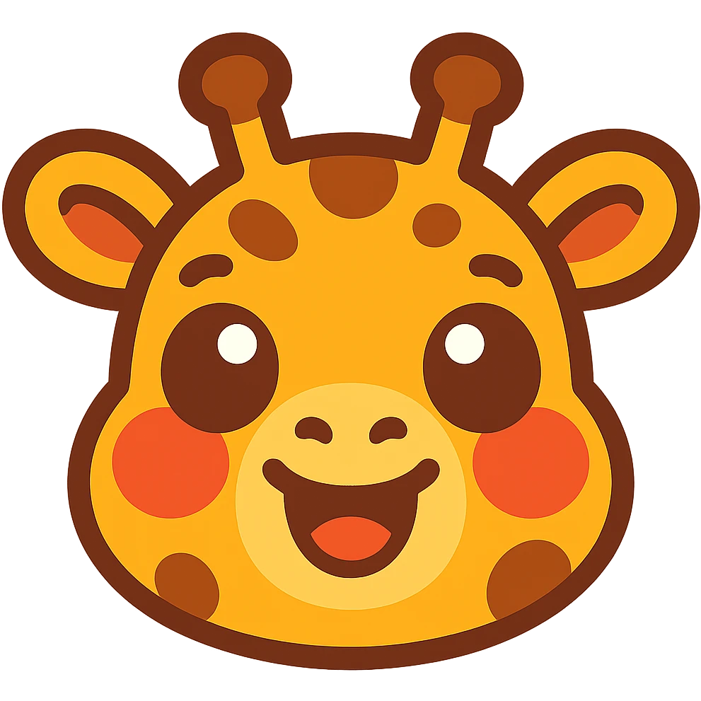 cute, stylized cartoon giraffe head with big, expressive eyes, a friendly smile, and exaggerated blush marks. The design should be simple, round, and optimized for small sizes (Twitch emoji). Use warm yellow and brown colors, with a soft outline. The expression should be happy and welcoming, perfect for a 'hi' or 'yay' emote. Cartoonish, kawaii-inspired style emoji