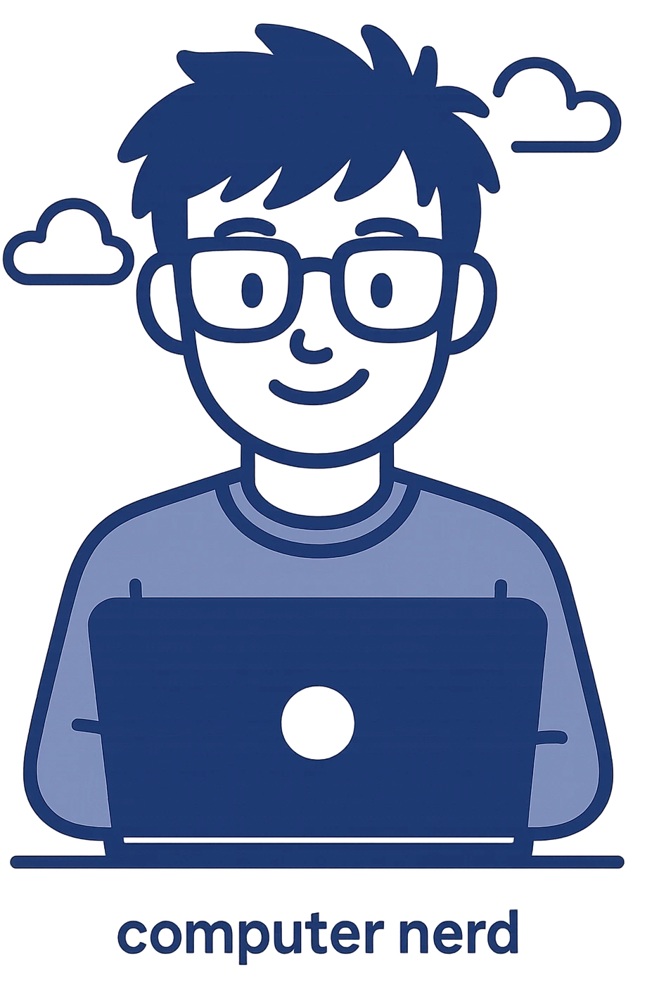 computer nerd icon, thick glasses, messy hair, playful, modern flat color style emoji