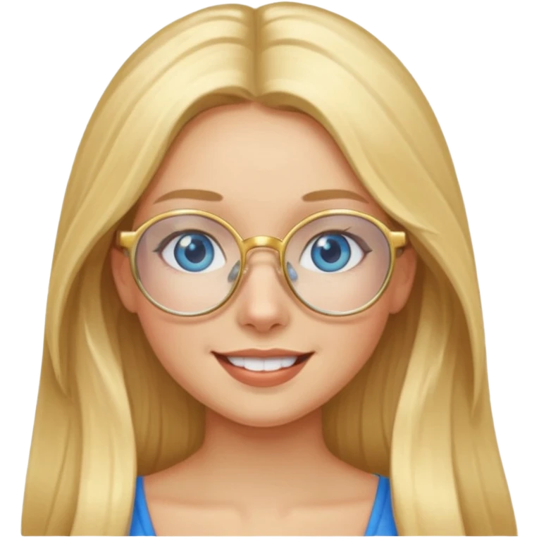 une fille blonde cheveux longs au yeux bleus avec des lunette dorée assez grande joyeuse  emoji