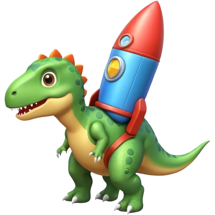 cute toy-like rocket-propelled dinosaur, rounded shapes, glossy texture, colorful rocket backpack, happy expression, 3D cartoon, mobile game icon style, clean background, no text, no watermark
 emoji