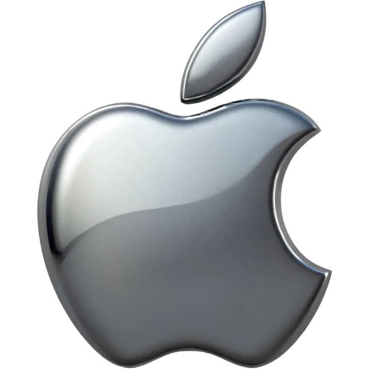 Metallic Apple logo emoji icon, chrome surface, sharp reflections, dark background, centered emoji