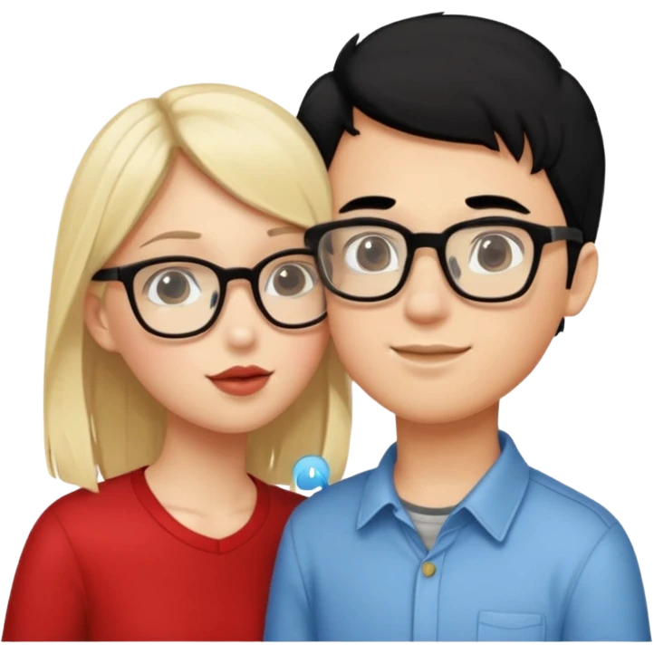 pretty light blonde girl barbie kissing nerd boy with black hair and tan skin on the cheek emoji