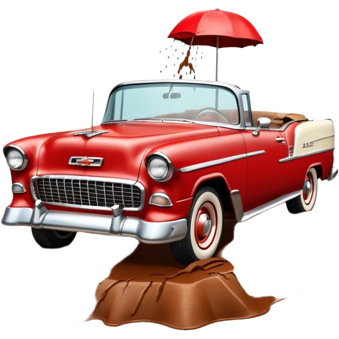 1955 Chevrolet Bel Air Convertible, Red-White color, with a bucket of brown mud pouring down on it, and the car itself is covered in brown dirt on the sides, which is stuck and clearly visible from all sides of the body. 32x32 pixels, aspect ratio: 1:1 emoji