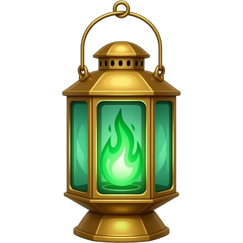 A golden hanging lantern with a bright emerald green flames, an empty loop on top, fae filigree themed sunflowers on the left and asphodels on the right as part of the design, but simple focus more on the green flames, paint the glass more green emoji