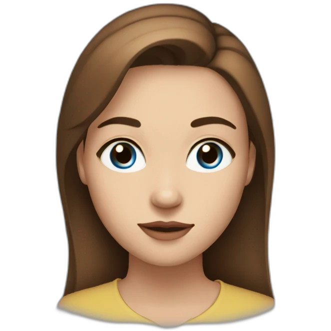 young woman with long brown hair, blue almond-shaped eyes, thin eyebrows and earring emoji