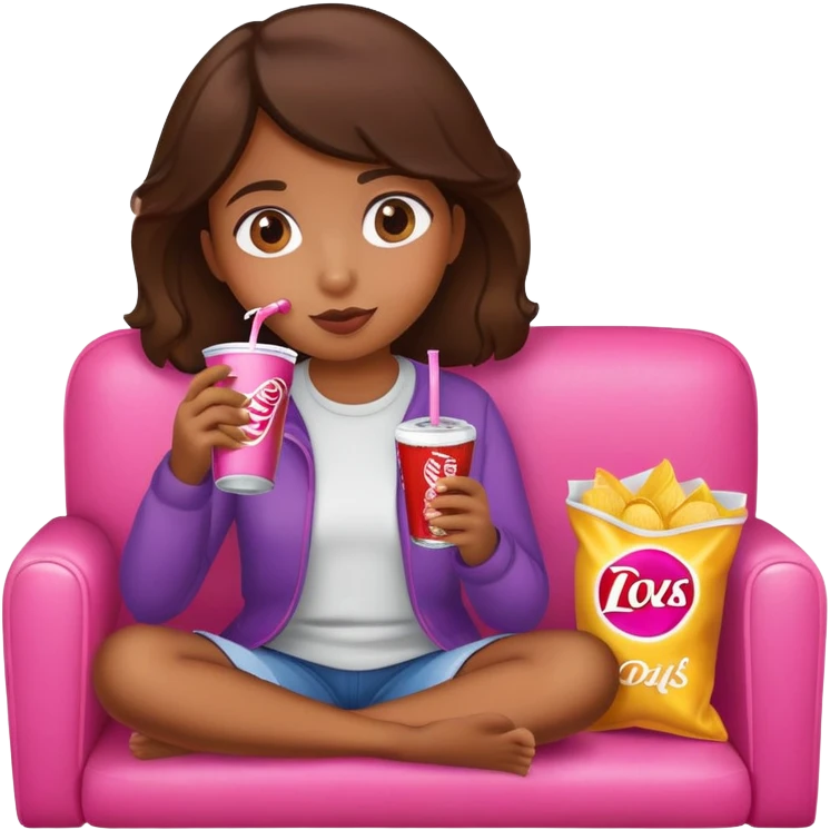 home brown girl with chips and soda drink at the pink sofa emoji