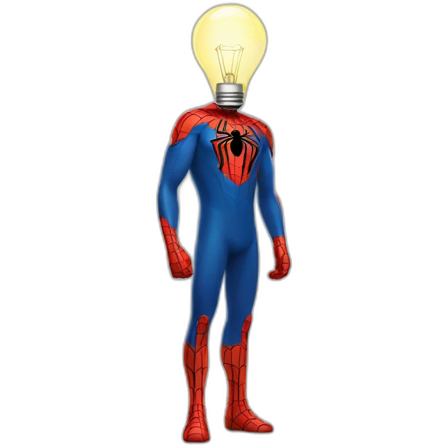 a man in a spider-man costume, but instead of a head there is a glowing light bulb emoji