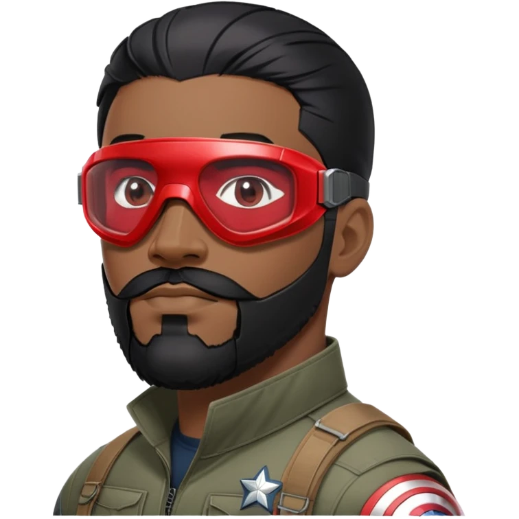 sam wilson with a close to the scalp black hair  and  a well-groomed beard that connects to his mustache,  wear sleek, red-tinted tactical goggles fit snugly from captain america: civil war emoji