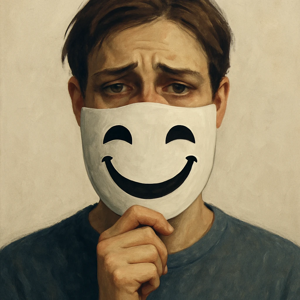 a person hiding their sadness, wearing a mask with a smile, but sad eyes visible, simple background, contemporary digital art style emoji